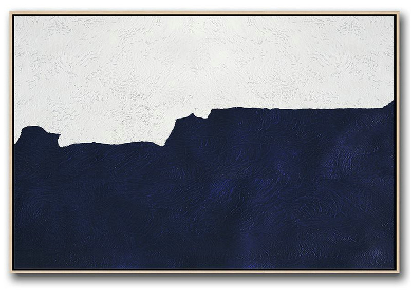Handmade Painting Large Abstract Art,Horizontal Navy Painting Abstract Minimalist Art On Canvas,Giant Wall Decor